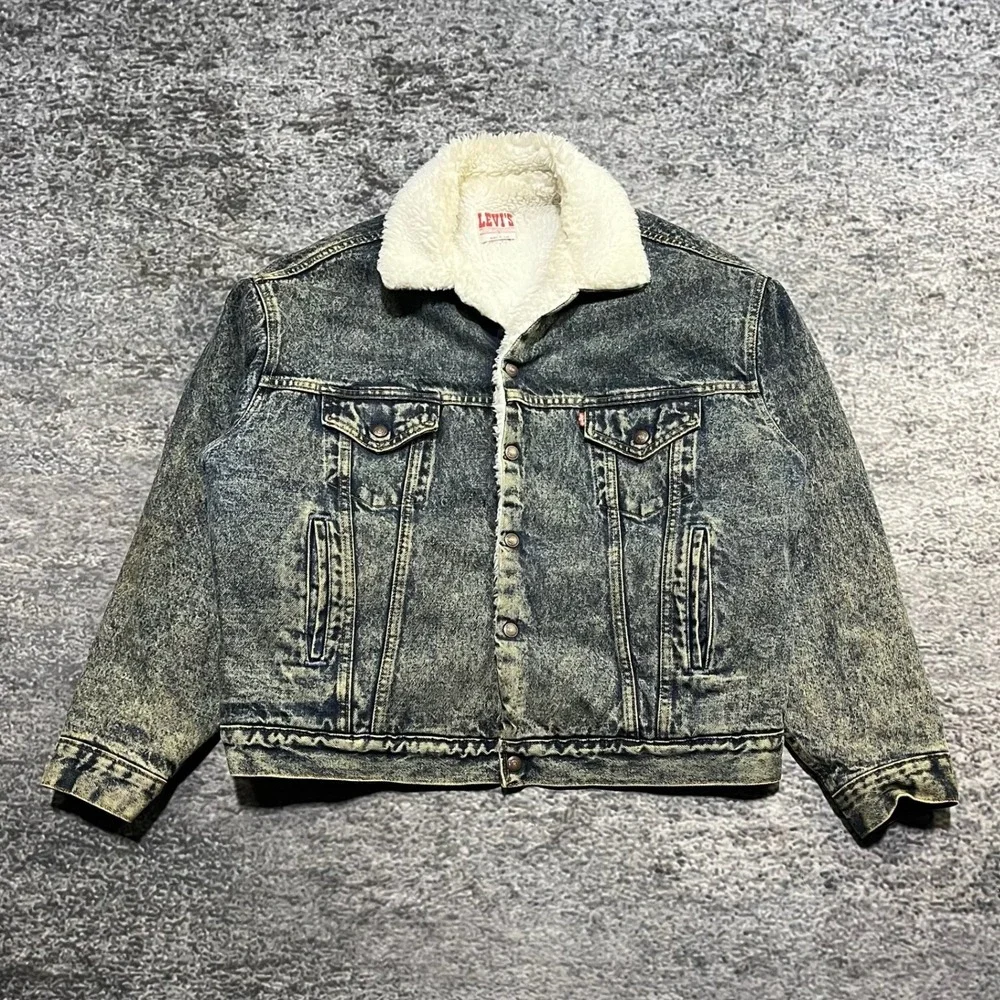 Vintage 80s Levi's Denim Trucker Jacket Size XL Sherpa Lined Acid‎ Wash USA